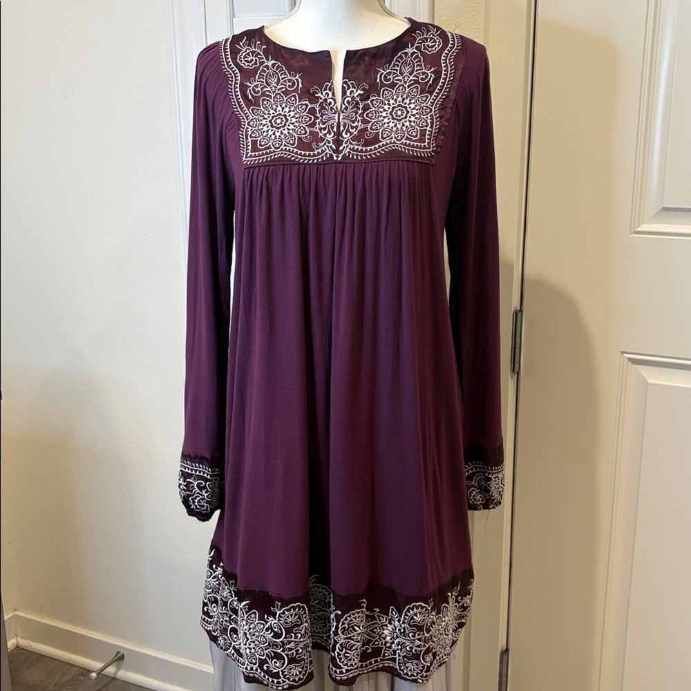 For Joseph Rayon Boho Embroidered Split Neck Tunic/Dress Wine Medium